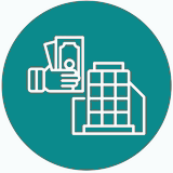 A line icon of a man handing money to a building in the construction industry.