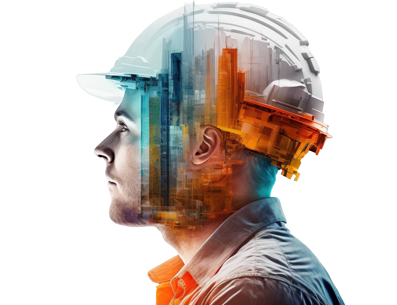 A man in a hard hat with a city in the background.